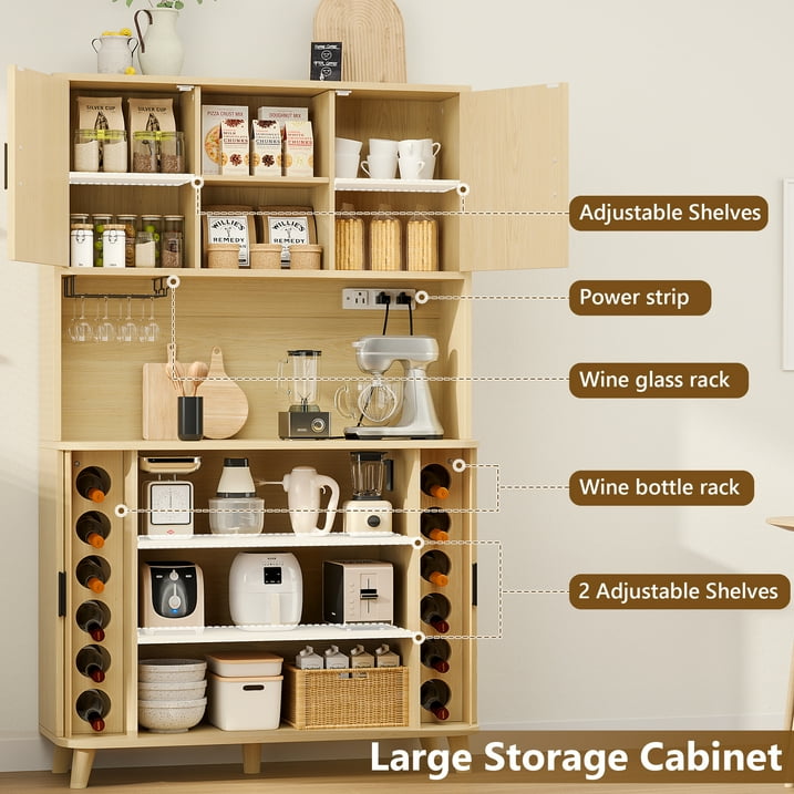 Aufeile Pantry Cabinet, 71" Tall Kitchen Pantry with Outlet, Pantry Storage Cabinet with Countertop and Sliding Doors, 39" Wide Hutch for Dining Room, Living Room, Natural Oak