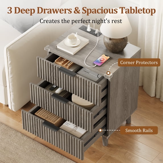 Aufeile Fluted Nightstand for Bedroom with Charging Station, Modern Bedside Table with 3 Drawers, Wood Sofa Side End Table for Bedroom, Living Room, Dark Grey Oak