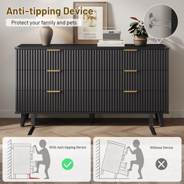 Aufeile 6 Drawer Dresser for Bedroom, 53" Wood Dressers for Bedroom, Modern Fluted Dresser & Bedroom Dresser for Adults, Long Dresser for Bedroom TV Stand, Black
