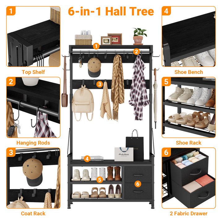Aufeile 6-in-1 Hall Tree with Bench, Wide Entryway Bench with Shoe Storage, 24 Hooks, 2 Drawers, Hanging Rod & Shelf, Heavy Duty Coat Rack for Hallway, Living Room, Black