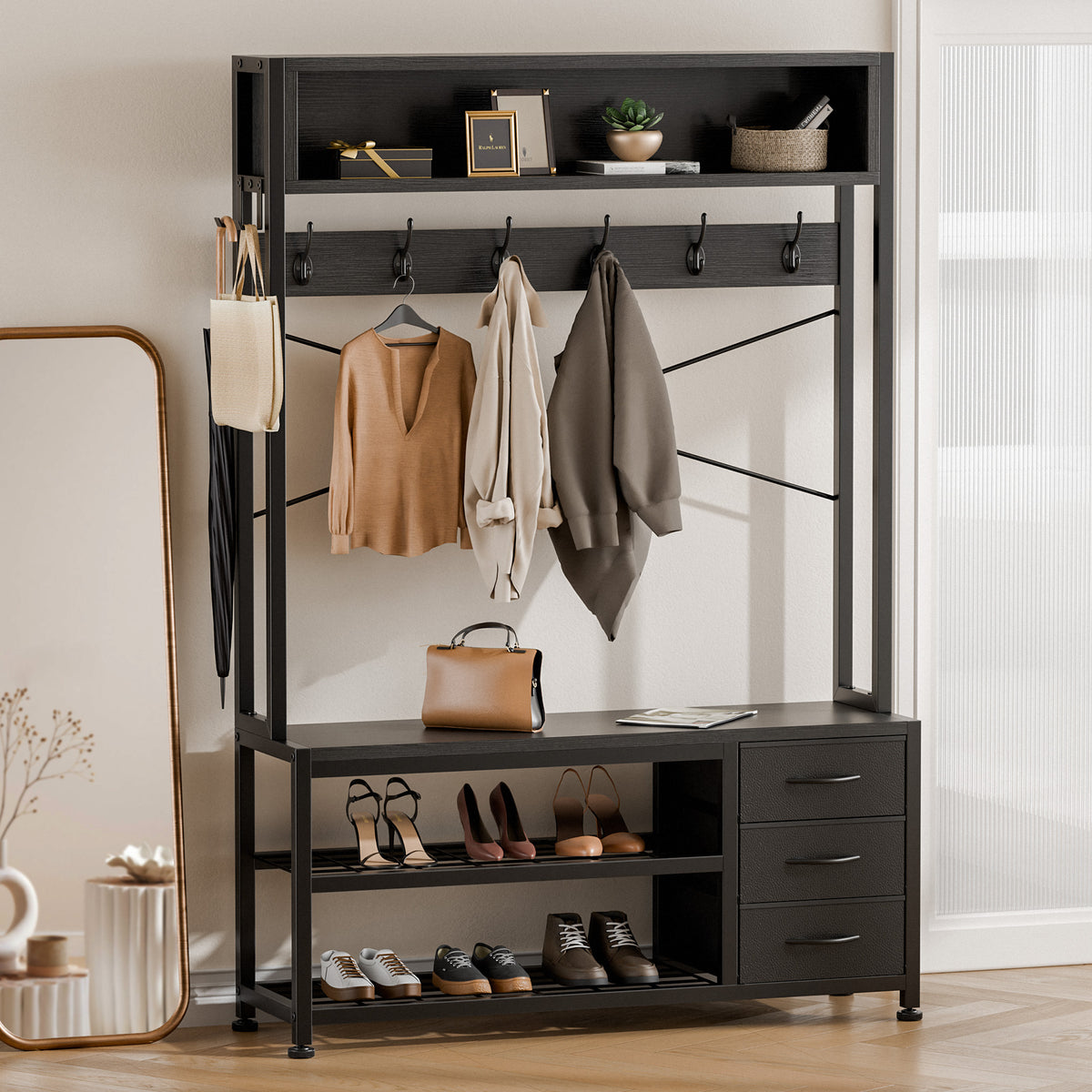 Aufeile 6-in-1 Hall Tree with Bench, Wide Entryway Bench with Shoe Storage, 24 Hooks, 3 Drawers, Hanging Rod & Shelf, Heavy Duty Coat Rack for Hallway, Living Room, Black