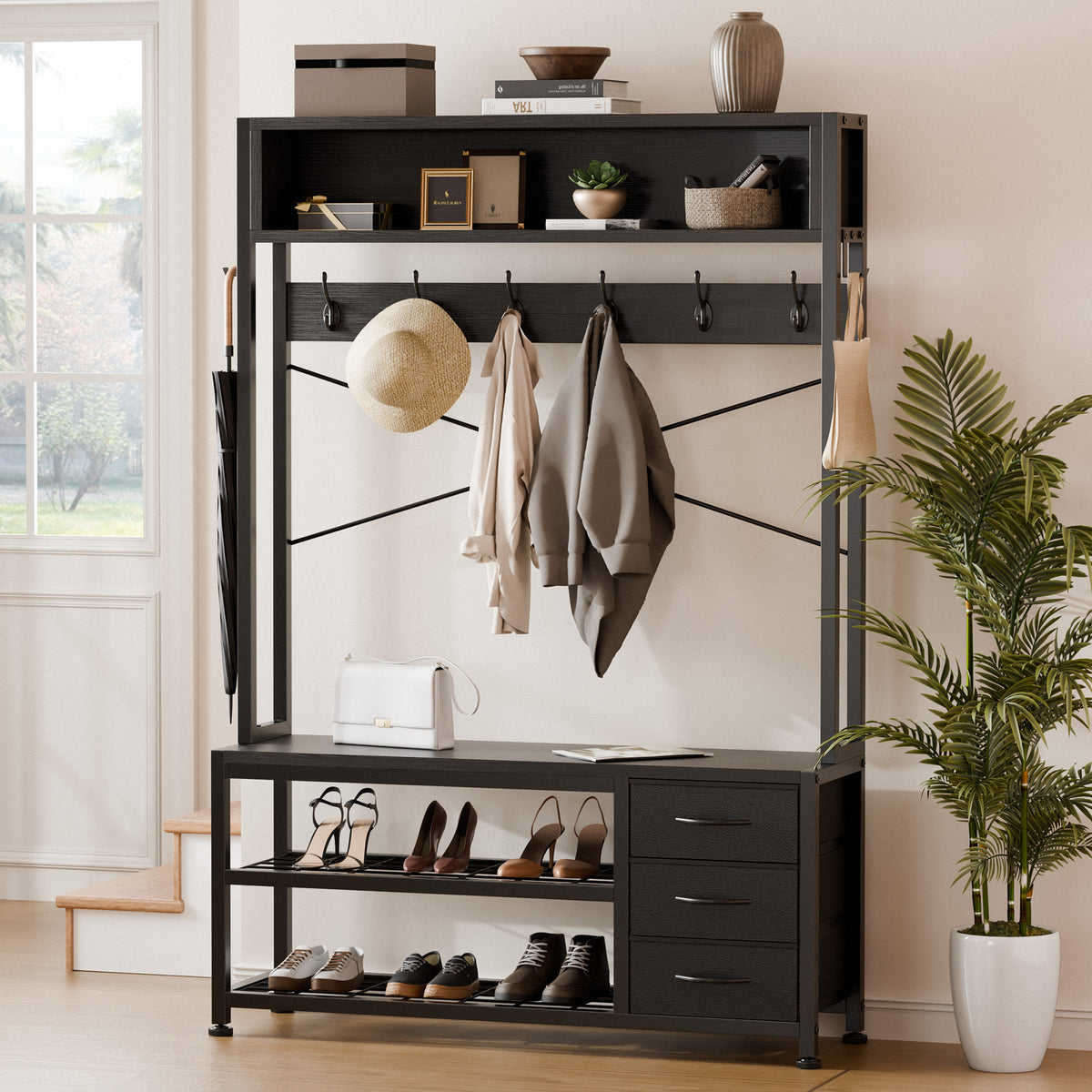 Aufeile 6-in-1 Hall Tree with Bench, Wide Entryway Bench with Shoe Storage, 24 Hooks, 3 Drawers, Hanging Rod & Shelf, Heavy Duty Coat Rack for Hallway, Living Room, Black
