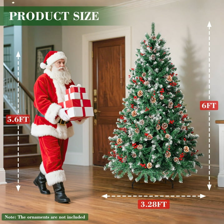 Aufelie 6ft Pre-lit Artificial Christmas Tree w/800 Tips, Holiday Decoration with 250 Warm White Lights, 54 Pines & 54 Red Berries, Hinged Xmas Tree for Home, Office, Party