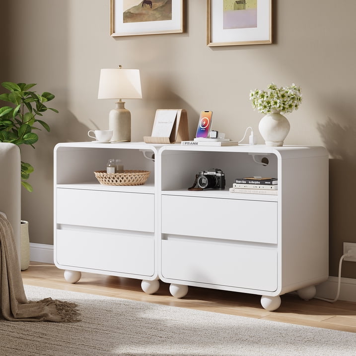 Aufeile Nightstand for Bedroom with Charging Station, 23.6" Wide Bedside Table with 2 Drawers & Open Shelf, Curved Wood Night Stand with USB & Type-C for Bedroom or Living Room, White