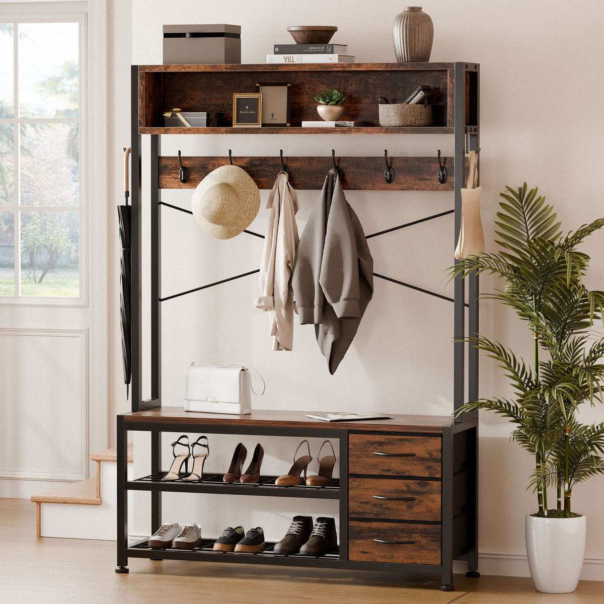 Aufeile 6-in-1 Hall Tree with Bench, Wide Entryway Bench with Shoe Storage, 24 Hooks, 3 Drawers, Hanging Rod & Shelf, Heavy Duty Coat Rack for Hallway, Living Room, Rustic Brown