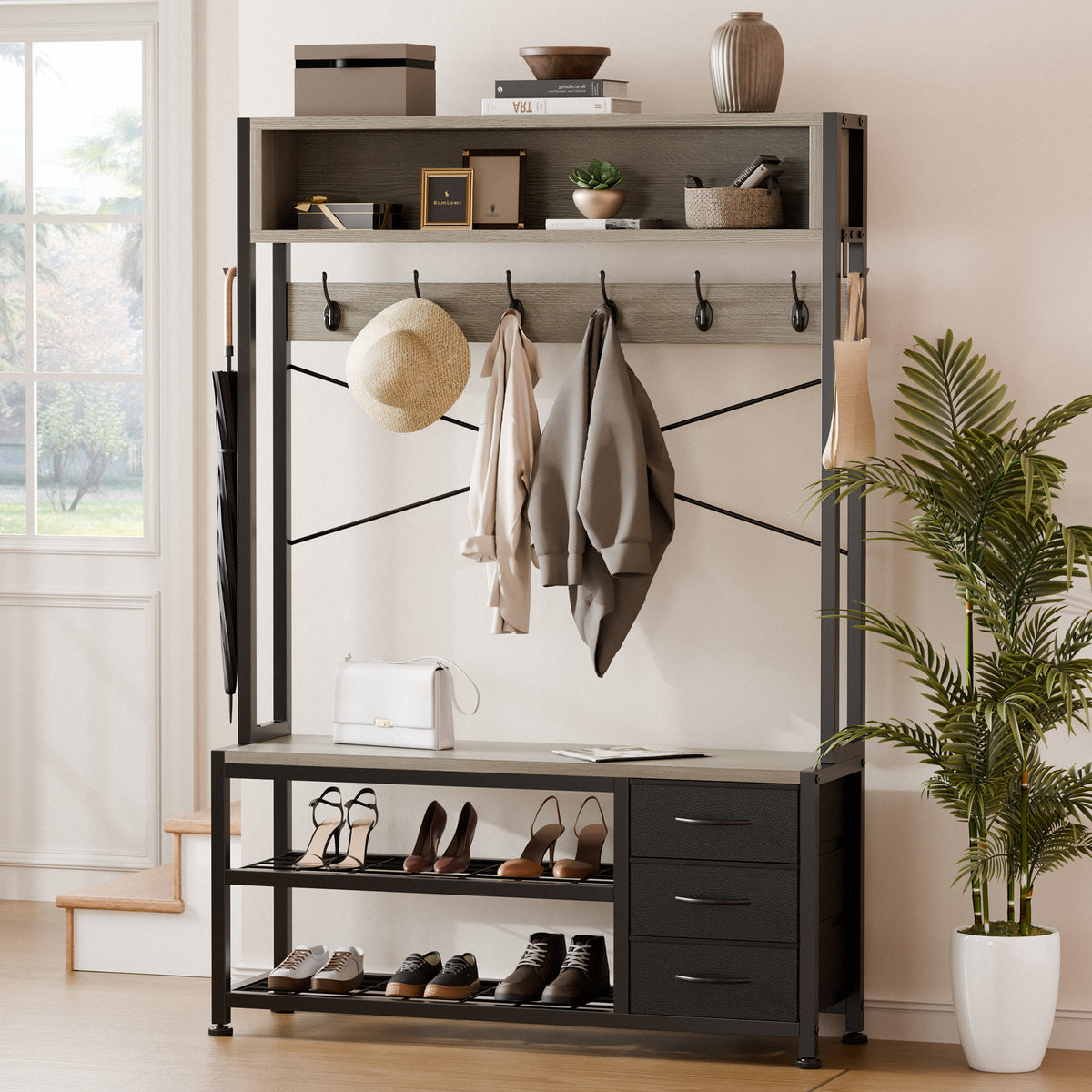 Aufeile 6-in-1 Hall Tree with Bench, Wide Entryway Bench with Shoe Storage, 24 Hooks, 3 Drawers, Hanging Rod & Shelf, Heavy Duty Coat Rack for Hallway, Living Room, Grey