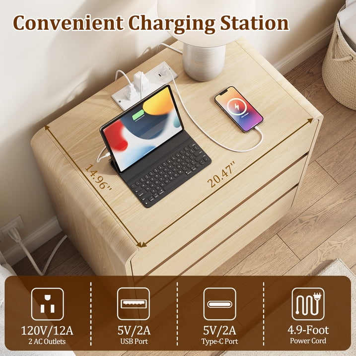 Aufeile Nightstand for Bedroom with Charging Station, 23.6" Wide Bedside Table with 3 Drawers & Open Shelf, Curved Wood Night Stand for Bedroom or Living Room, Natural