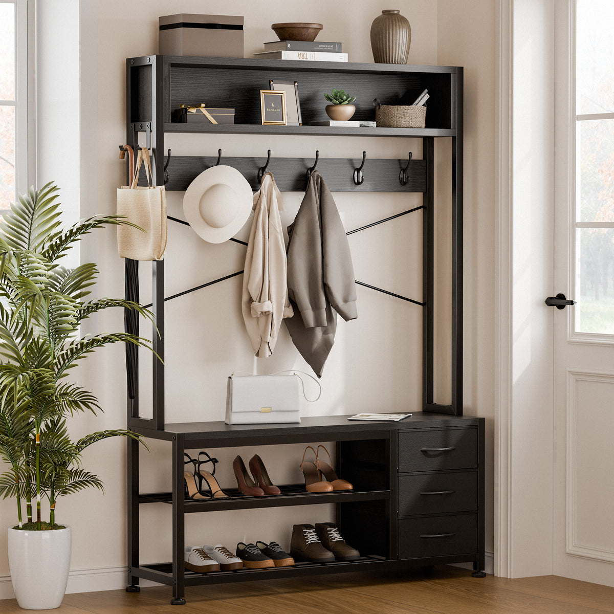 Aufeile 6-in-1 Hall Tree with Bench, Wide Entryway Bench with Shoe Storage, 24 Hooks, 3 Drawers, Hanging Rod & Shelf, Heavy Duty Coat Rack for Hallway, Living Room, Black