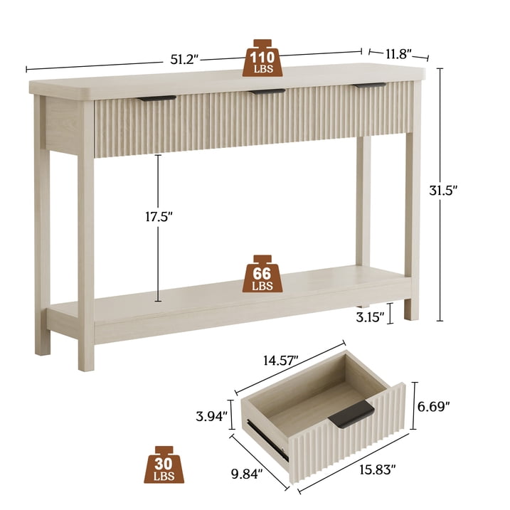 Aufeile 51" Console Table for Entryway, Fluted Entryway Table with 3 Storage Drawers and Open Shelf, Narrow Couch Sofa Table for Living Room Hallway Entrance Foyer, White Oak
