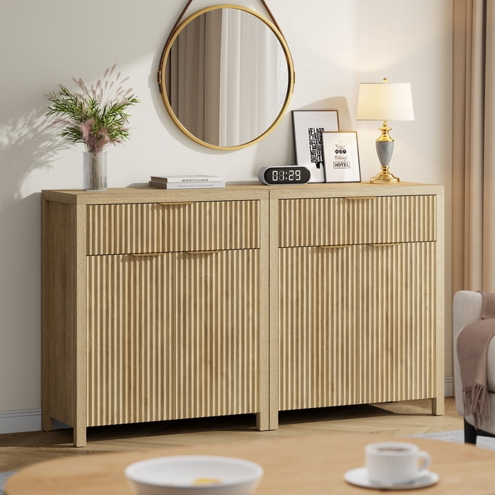 Aufeile Fluted Sideboard and Buffet, Accent Storage Cabinet with Adjustable Shelf for Dining room, Kitchen, Living room, Natural Oak