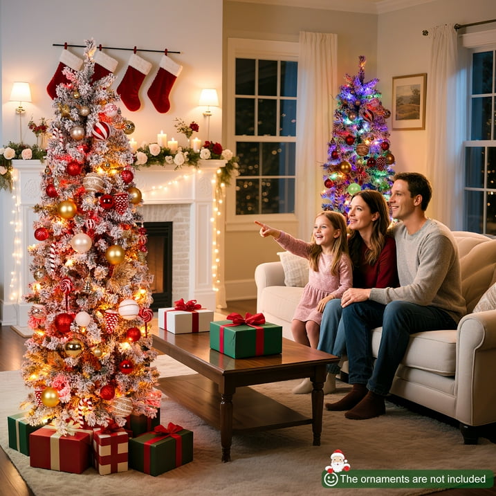Aufelie 6FT Snow Flocked Christmas Tree, Artificial Pencil Christmas Tree with 502 Hinged Branch, Pre-lit Christmas Tree with 250 Multicolor LED Lights & 8 Modes Lights