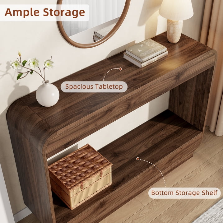 Aufeile 43" Entryway Table, Curved Console Table for Entryway, 2-Tier Wood Sofa Table with Open Storage Shelves Behind the Couch, Narrow Entry Table for Hallway Entrance Foyer, Walnut