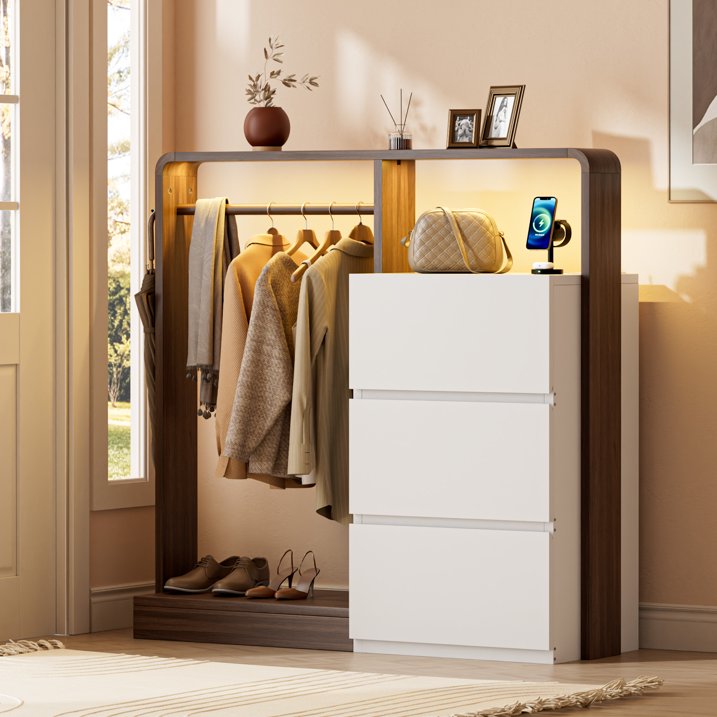Aufeile Dresser for Bedroom, 3 Drawer Dresser with Hanging Rod, LED Lights & Charging Station, Modern Wood Storage Dresser Chest for Bedroom, Closet, Entryway, White