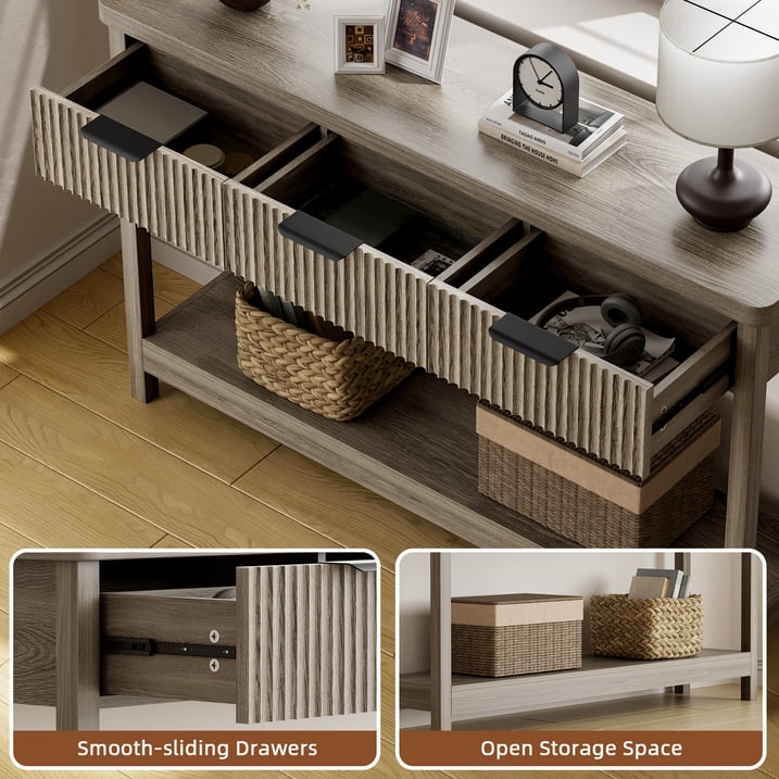 Aufeile 51" Console Table for Entryway, Fluted Entryway Table with 3 Storage Drawers and Open Shelf, Narrow Couch Sofa Table for Living Room Hallway Entrance Foyer, Gray Oak