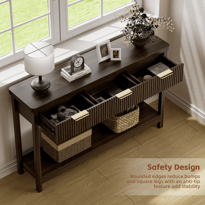 Aufeile 51" Entryway Table, Fluted Console Table with 3 Storage Drawers and Open Shelf, Narrow Sofa Couch Table for Living Room Hallway Entrance Foyer, Walnut