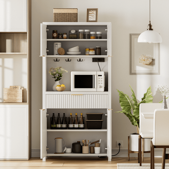 Aufeile 71" Tall Pantry Storage Cabinet with Drawer and Charging Station, Fluted Pantry Cabinet with Adjustable Shelves for Kitchen Dining Room Living Room, White