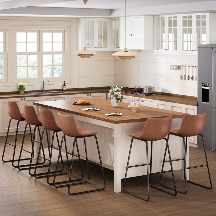 Aufeile 30" Counter Height Bar Stools Set of 3 – Modern Faux Leather Barstools with Back & Metal Legs, Kitchen Bar Chairs for Island, Dining Room, Dark Brown