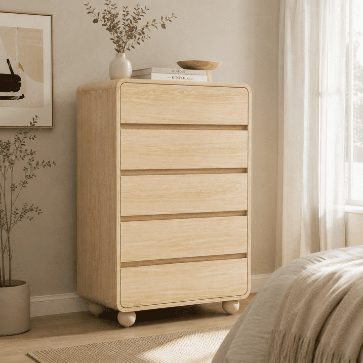 Aufeile 5 Drawer Wood Dresser Set of 2, 41" Tall Vertical Chest of Drawers with Curved Design, Modern Storage Cabinets for Bedroom, Living Room & Entryway, Natural