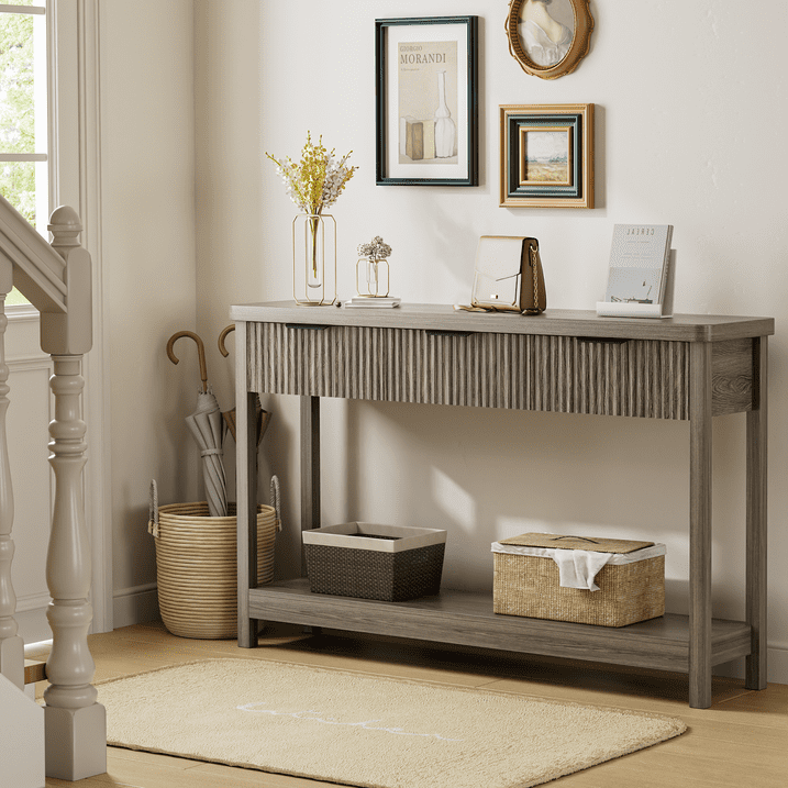 Aufeile 51" Console Table for Entryway, Fluted Entryway Table with 3 Storage Drawers and Open Shelf, Narrow Couch Sofa Table for Living Room Hallway Entrance Foyer, Gray Oak