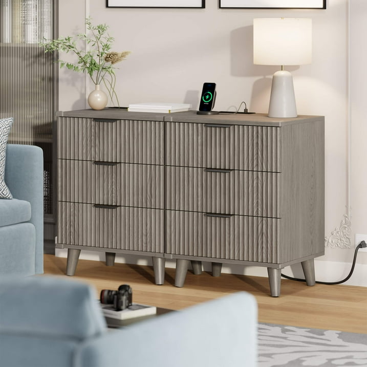 Aufeile 4 Piece Boho Dresser Set for Bedroom, 6 Drawer Dresser, 5 Drawer Tall Dresser & 2 Nightstands with 3 Drawers & USB Charging, Fluted Wood Bedroom Furniture Set, Dark Grey Oak
