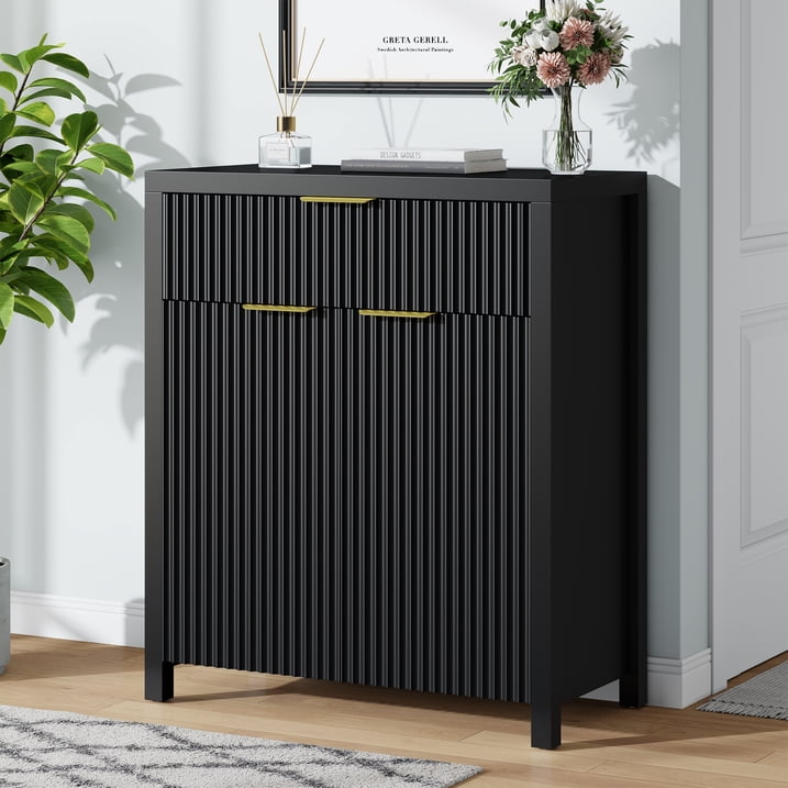 Aufeile Fluted Sideboard and Buffet, Accent Storage Cabinet with Adjustable Shelf for Dining room, Kitchen, Living room, Black