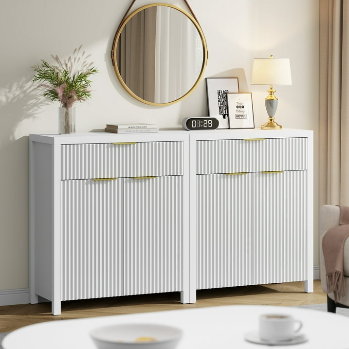 Aufeile Fluted Sideboard and Buffet, Accent Storage Cabinet with Adjustable Shelf for Dining room, Kitchen, Living room, White