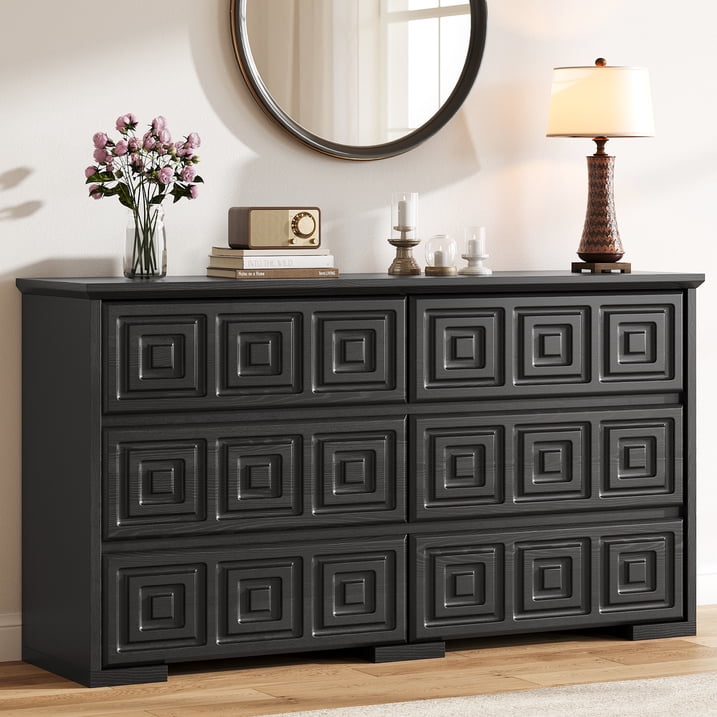 Aufeile Dresser and Nightstand 3 Piece Set - Includes Double 6 Drawer Farmhouse Dresser, Nightstand Set of 2 with Charging Station, Vintage Bedroom Set, Black