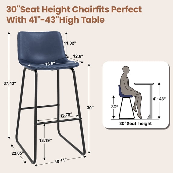 Aufeile 30" Counter Height Bar Stools Set of 3 – Modern Faux Leather Barstools with Back & Metal Legs, Kitchen Bar Chairs for Island, Dining Room, Blue