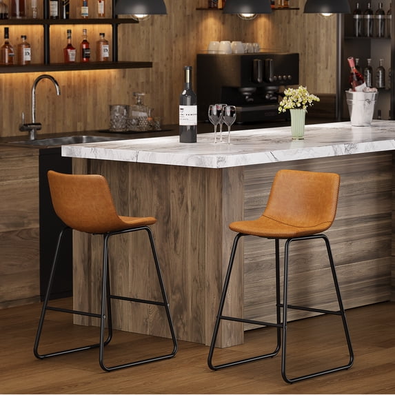 Aufeile 26" Counter Height Bar Stools Set of 2 – Modern Faux Leather Barstools with Back & Metal Legs, Kitchen Bar Chairs for Island, Dining Room, Whiskey Brown