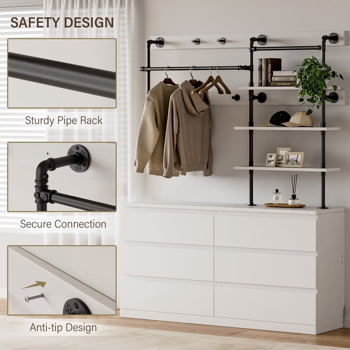 Aufeile 6 Drawer Dresser for Bedroom, 77" Tall Chest of Drawers with Hanging Rack, Industrial Wood Bedroom Dresser, Large Drawer Dresser Closet Organizer for Adults, White