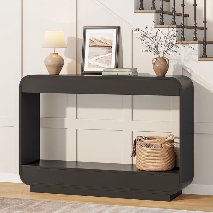 Aufeile 43" Console Table, Curved Entryway Table with Storage, 2-Tier Wood Sofa Table Behind the Couch, Narrow Entry Table for Hallway Foyer Entrance, Black