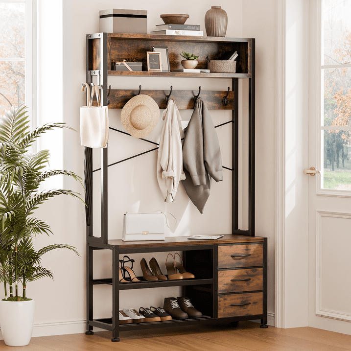 Aufeile Hall Tree with Bench, 5-in-1 Entryway Storage Organizer with Shoe Rack, 7 Hooks, 3 Drawers & Top Shelf, Industrial Coat Rack for Hallway, Living Room, Brown