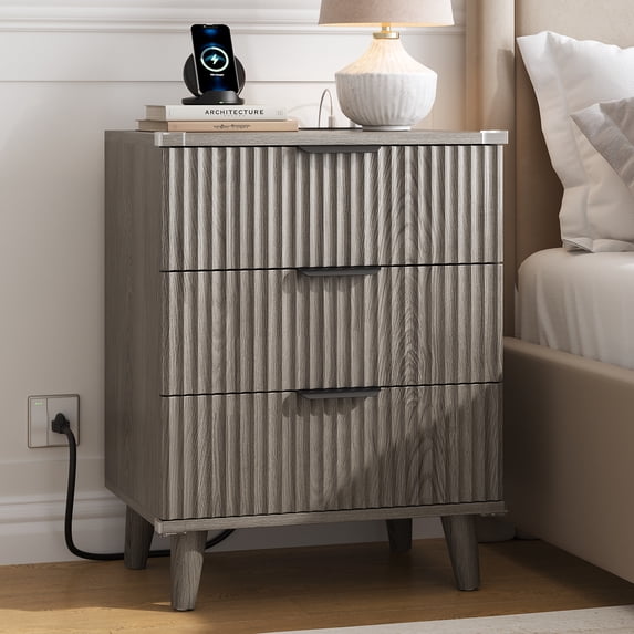 Aufeile Nightstand with Charging Station, 3 Drawer Nightstand for Bedroom, Fluted Bedside Table with USB Ports, Modern Wood Bedroom Side Table with Drawers, Dark Gray