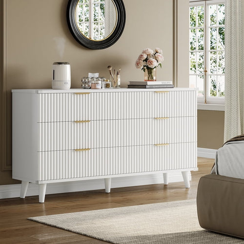 Aufeile 3 Piece Dresser and Nightstand Set for Bedroom, Boho 6 Drawer Dresser & 2 Nightstands with USB Charging, Fluted Wood Storage Cabine, Modern Bedroom Furniture Set, White