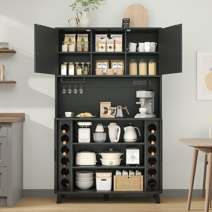 Aufeile 71" Kitchen Pantry Storage Cabinet with Charging Station, Coffee Bar Station with Tambour Sliding Door, 39" W Large Hutch with Adjustable Shelves for Kitchen, Dining Living Room, Black