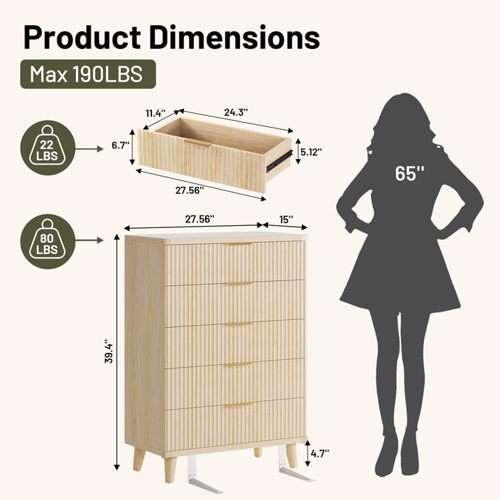 Aufeile 4 Piece Boho Dresser Set for Bedroom, 6 Drawer Dresser, 5 Drawer Tall Dresser & 2 Nightstands with & USB Charging, Fluted Wood Bedroom Furniture Set, Natural