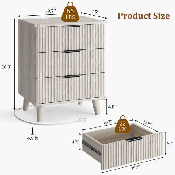 Aufeile Fluted Nightstand for Bedroom with Charging Station, Modern Bedside Table with 3 Drawers, Wood Sofa Side End Table for Bedroom, Living Room, White Oak