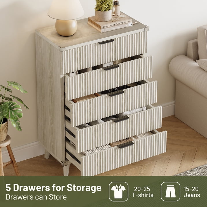 Aufeile 39.4" Tall Dresser for Bedroom, Fluted Wood Dresser with 5 Drawer, Modern Chest of Drawers for Bedroom with Wave Panel, Slim Storage Dresser for Small Spaces, White Oak
