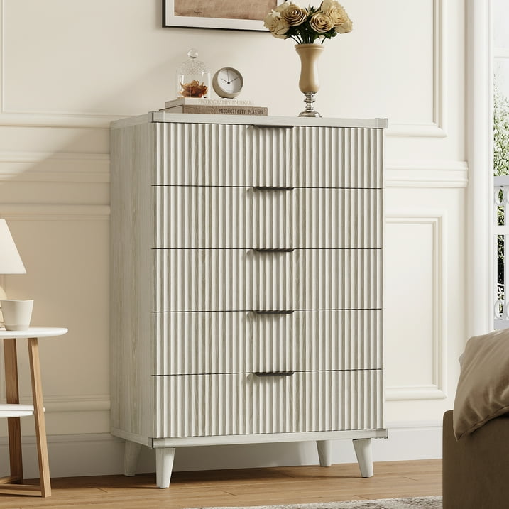 Aufeile 39.4" Tall Dresser for Bedroom, Fluted Wood Dresser with 5 Drawer, Modern Chest of Drawers for Bedroom with Wave Panel, Slim Storage Dresser for Small Spaces, White Oak