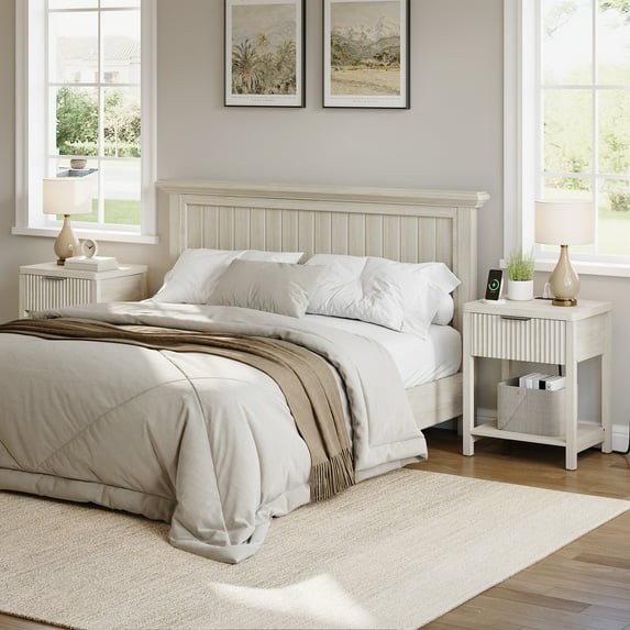 Aufeile Fluted Nightstand with Charging Station, Modern Bedside Table with Drawer & Open Shelf, End Table with 2 AC Outlets, USB & Type-C Ports for Bedroom or Living Room, White Oak