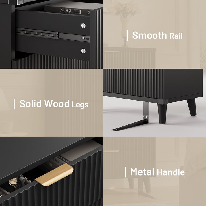 Aufeile 39.4" Tall Dresser for Bedroom, 5 Drawer Fluted Wood Dresser, Modern Chest of Drawers with Wave Panel, Slim Storage Cabinet for Small Spaces, Black