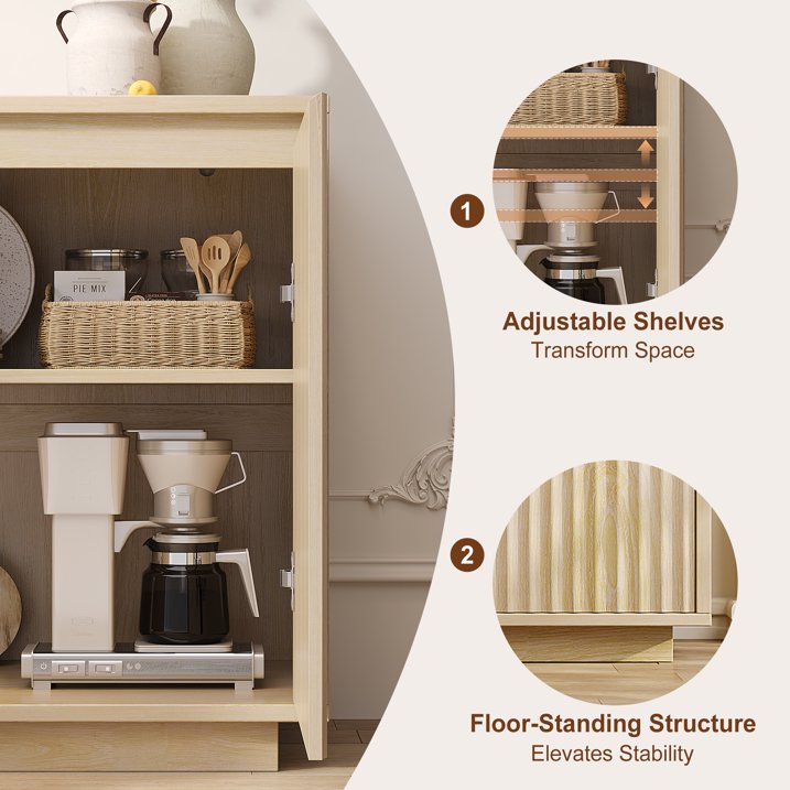 Aufeile 62" Long Sideboard Buffet Cabinet, Fluted Storage Cabinet with Adjustable Shelves for Kitchen Dining Living Room, Natural