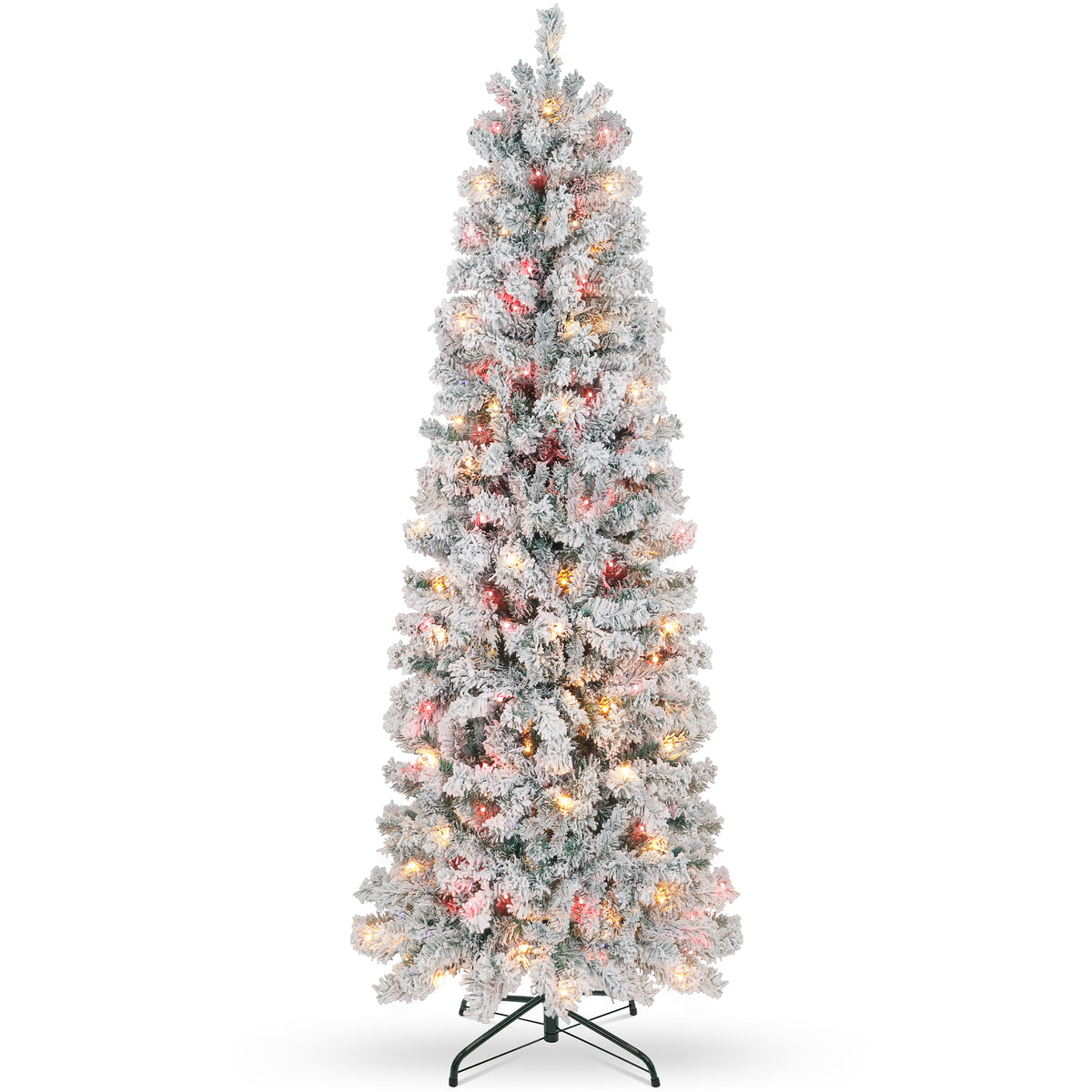Aufeile 6FT Pencil Christmas Tree with Snow Flocked, 502 Branch Tips & 250 Multicolor LED Lights, Pre-Lit Artificial Christmas Tree, Flocked Slim Christmas Tree for Home