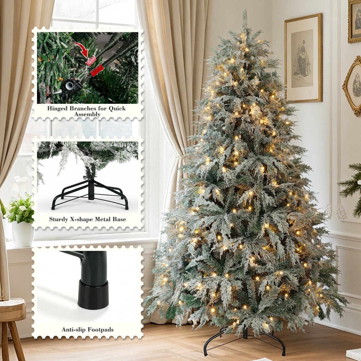 Aufeile 6FT Pre-Lit Snow Flocked Christmas Tree, PE Mixed Artificial Christmas Tree with 1,120 Tips, 300 Warm White Lights, Realistic Flocked Spruce Cedar Xmas Tree for Indoor Holiday Decor
