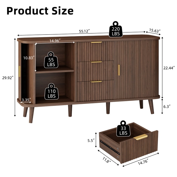 Aufeile Sideboard Buffet Cabinet, 55" Storage Cabinet with 3 Drawers and Adjustable Shelves, Modern Accent Cabinet for Kitchen, Dining Living Room, Entryway, Hallway, Walnut