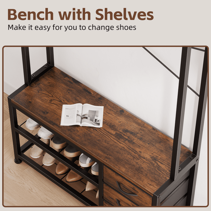 Aufeile Hall Tree with Bench, 5-in-1 Entryway Storage Organizer with Shoe Rack, 7 Hooks, 3 Drawers & Top Shelf, Industrial Coat Rack for Hallway, Living Room, Brown