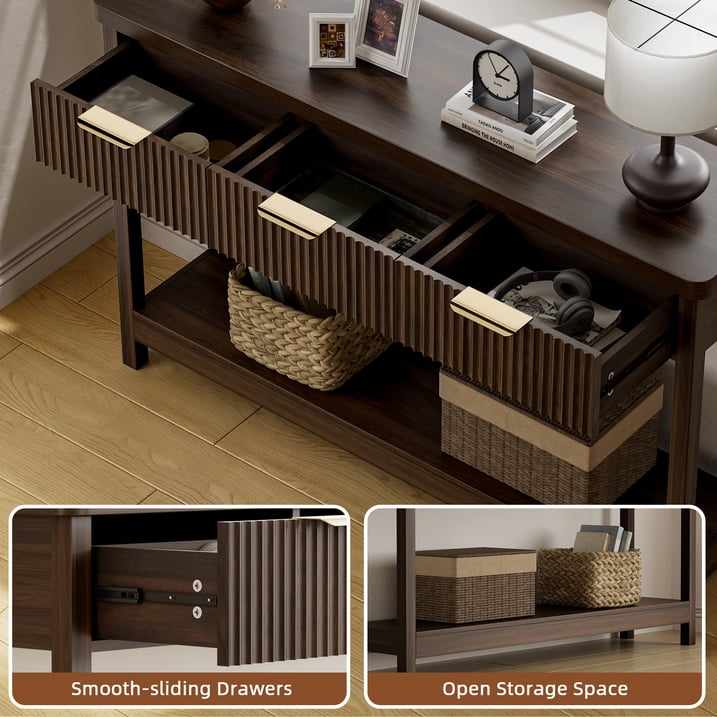 Aufeile 51" Entryway Table, Fluted Console Table with 3 Storage Drawers and Open Shelf, Narrow Sofa Couch Table for Living Room Hallway Entrance Foyer, Walnut