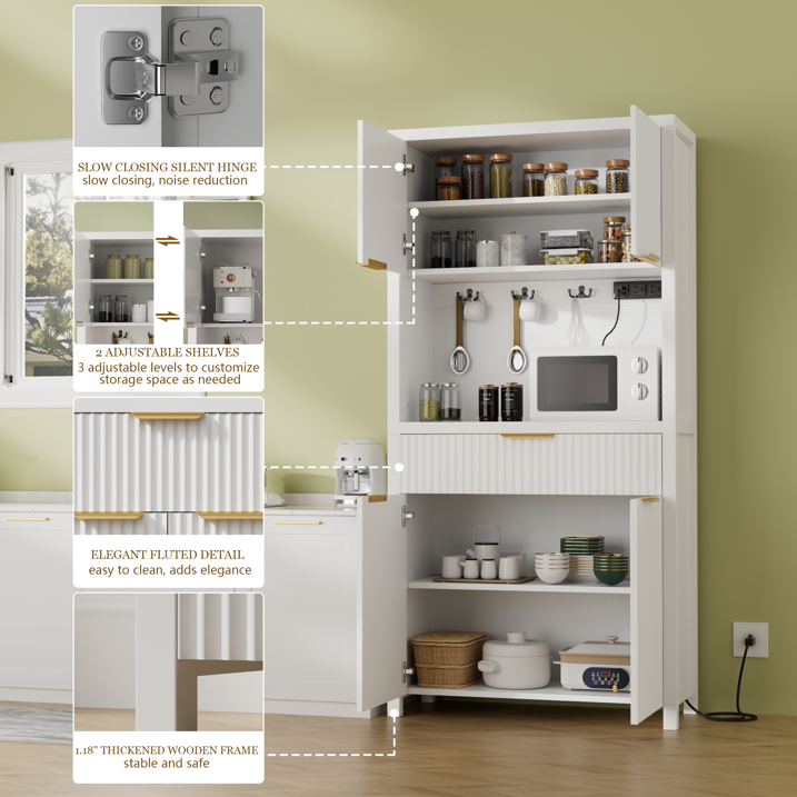 Aufeile 71" Tall Pantry Storage Cabinet with Drawer and Charging Station, Fluted Pantry Cabinet with Adjustable Shelves for Kitchen Dining Room Living Room, White