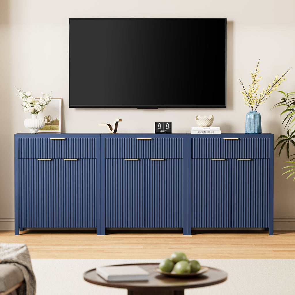 Aufeile Set of 3 Sideboard Buffet Cabinet with Storage, Modern Modular Fluted Accent Cabinet with 3 Drawers & Adjustable Shelves for Dining Room Living Room, Blue