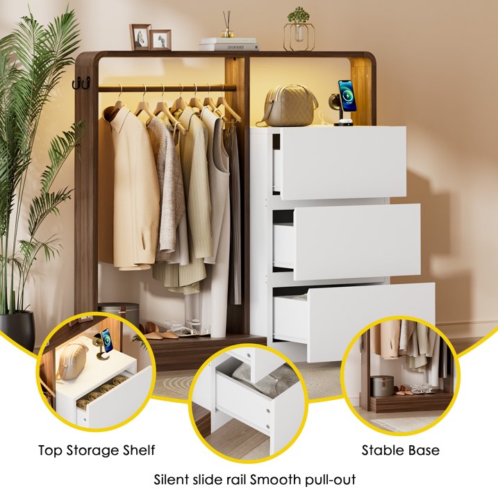 Aufeile Dresser for Bedroom, 3 Drawer Dresser with Hanging Rod, LED Lights & Charging Station, Modern Wood Storage Dresser Chest for Bedroom, Closet, Entryway, White
